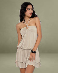 Suraya Plunge Mini Dress in Cupro Oatmilk