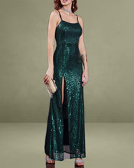 Green Sequins Slip Maxi Dress