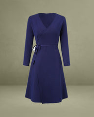 Navy V Neck Wrap Sweater Dress