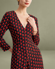 The Red V Neck Slit Long Sleeve Midi Dress