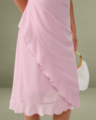 Pink V Neck Ruffle Sleeveless Midi Dress