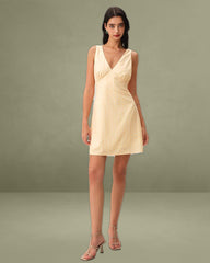 Yellow V Neck Polka Dot Sleeveless Mini Dress