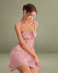Pink Floral Ruched Corset Slip Mini Dress