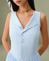 Blue V Neck Button Sleeveless Midi Dress