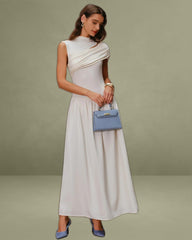 Beige Ruched Cap Sleeve Maxi Dress