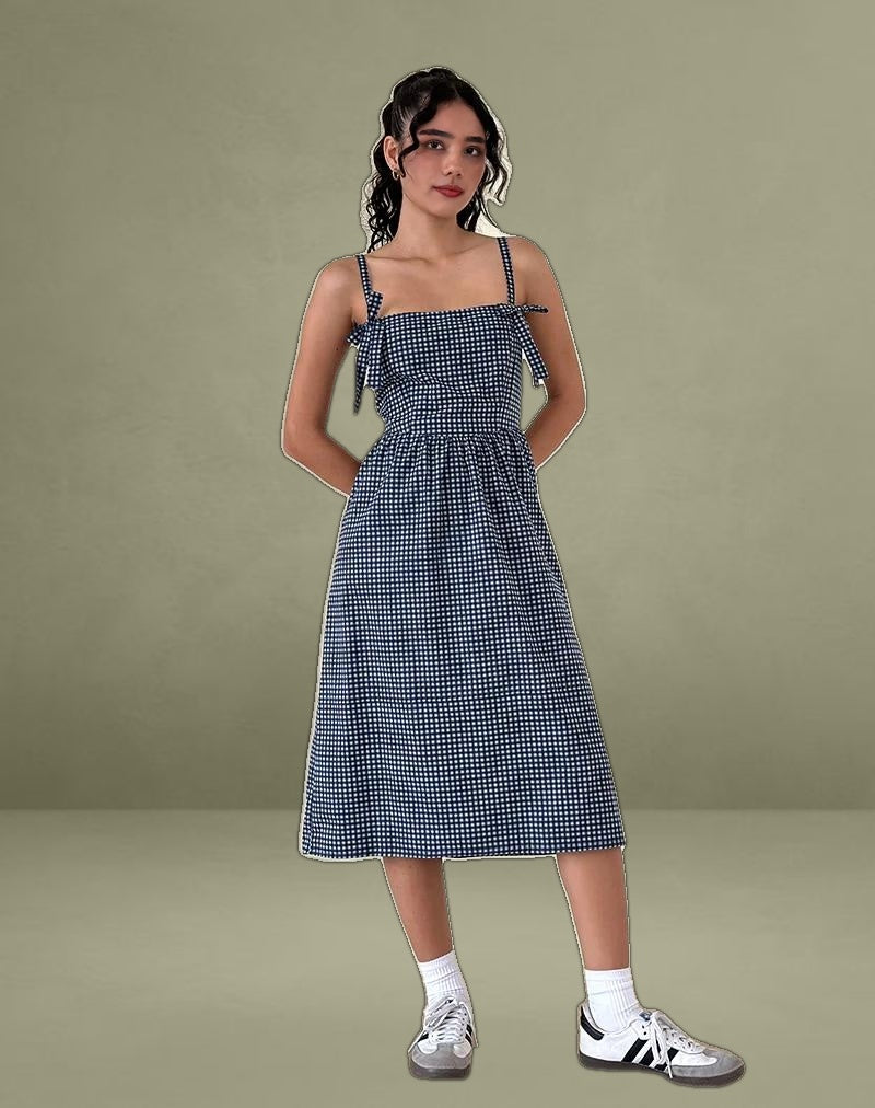 Sloane Midi Dress in Mini Dark Blue Gingham