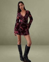 Alitra Mini Dress in Floral Devore Burgundy