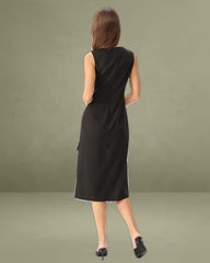 Black Boat Neck Slit Sleeveless Midi Dress