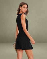 Black Boat Neck Corduroy Sleeveless Mini Dress
