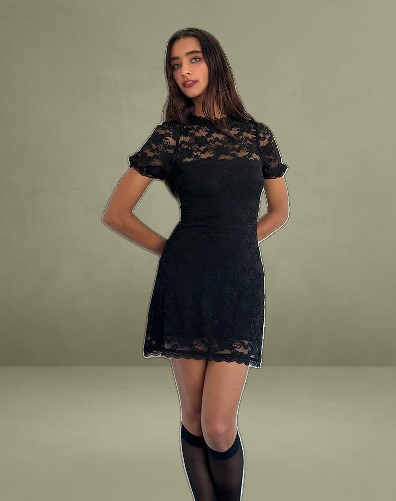 Adele Mini Tea Dress in Black Jasmine Lace