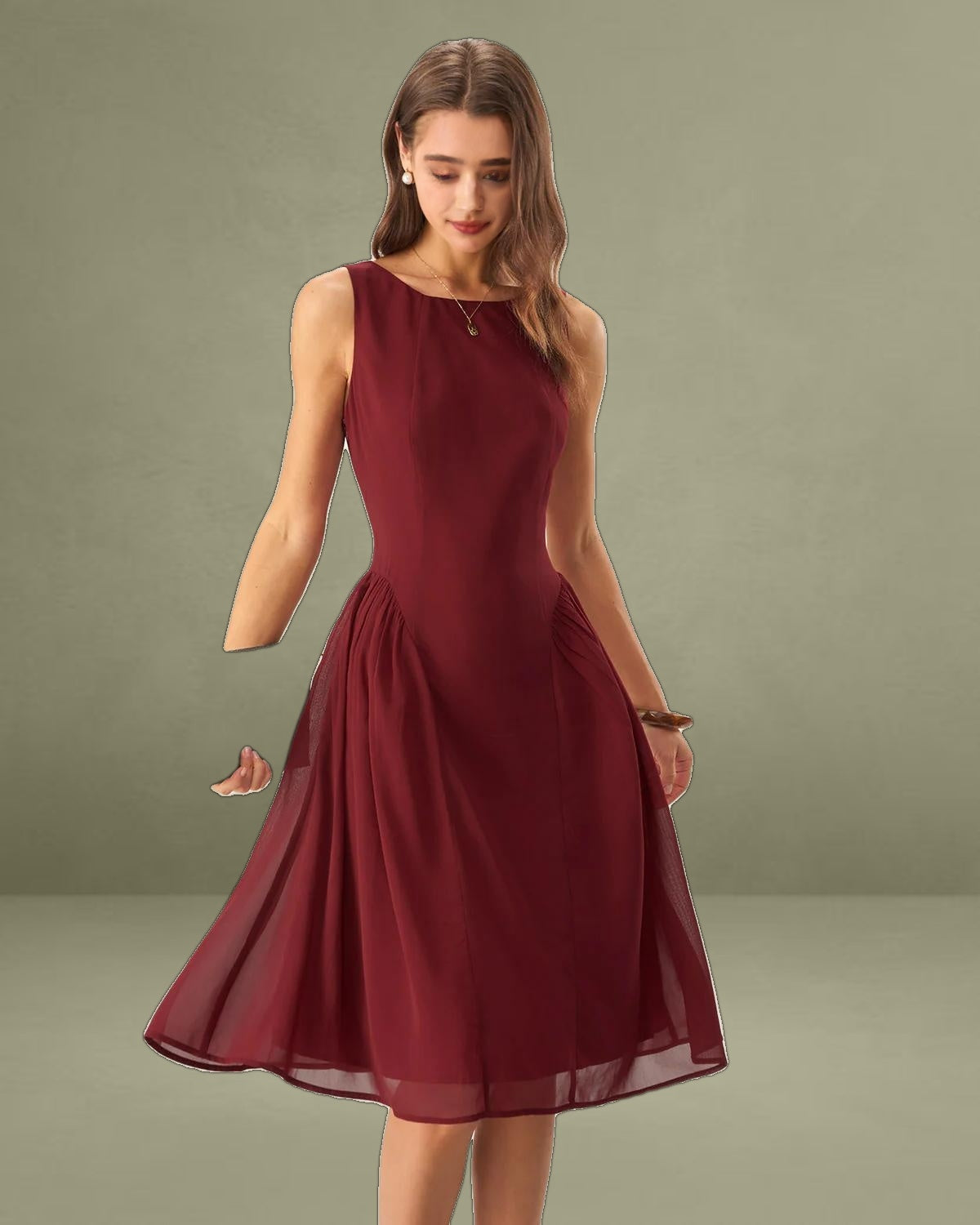 Wine Red Chiffon Sleeveless Midi Dress