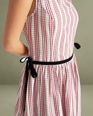 Red Plaid Boat Neck Midi Dress