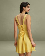 Yellow Square Neck Ruched Mini Dress