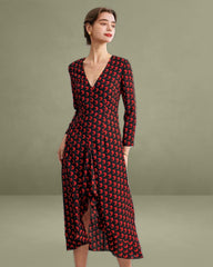 The Red V Neck Slit Long Sleeve Midi Dress