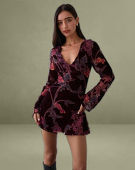Alitra Mini Dress in Floral Devore Burgundy