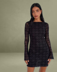 Sevila Long Sleeve Mini Dress in Black Queen of Heart Flock