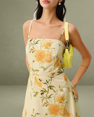 Yellow Floral Shirred Slip Midi Vacation Dress