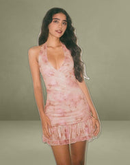 Yoriko Halterneck Mini Dress in Smoky Floral Peach
