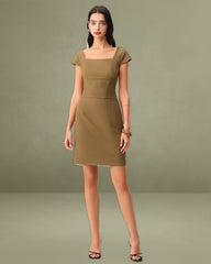 Brown Square Neck Cap Sleeve Mini Dress