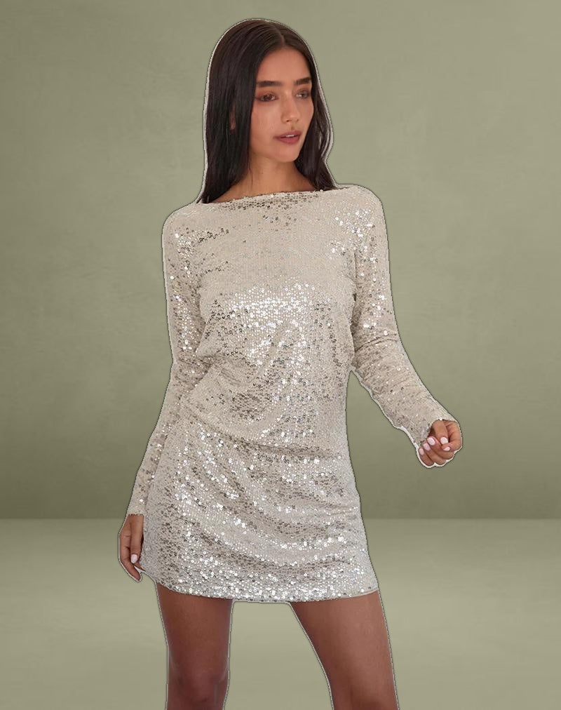 Jasilia Long Sleeve Mini Dress in Neutral Sequin