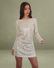 Jasilia Long Sleeve Mini Dress in Neutral Sequin