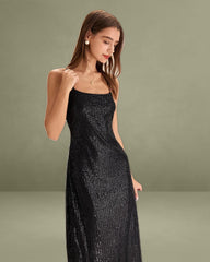 Black Sequin Bodycon Slit Maxi Dress