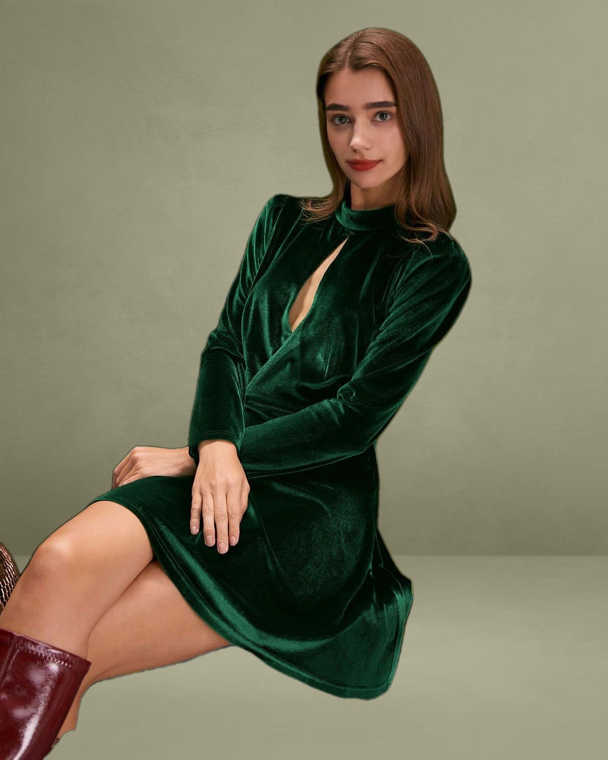 Green Stand Cut-Out Velvet Mini Dress