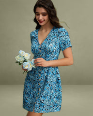 Blue Floral V-Neck Button Mini Dress