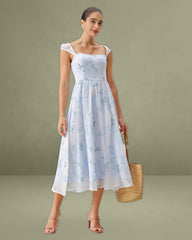 Blue Floral Sweetheart Neck Slip Midi Dress