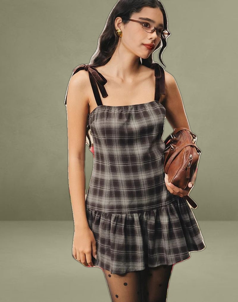 Miyori Square Neck Mini Dress in Grey Check
