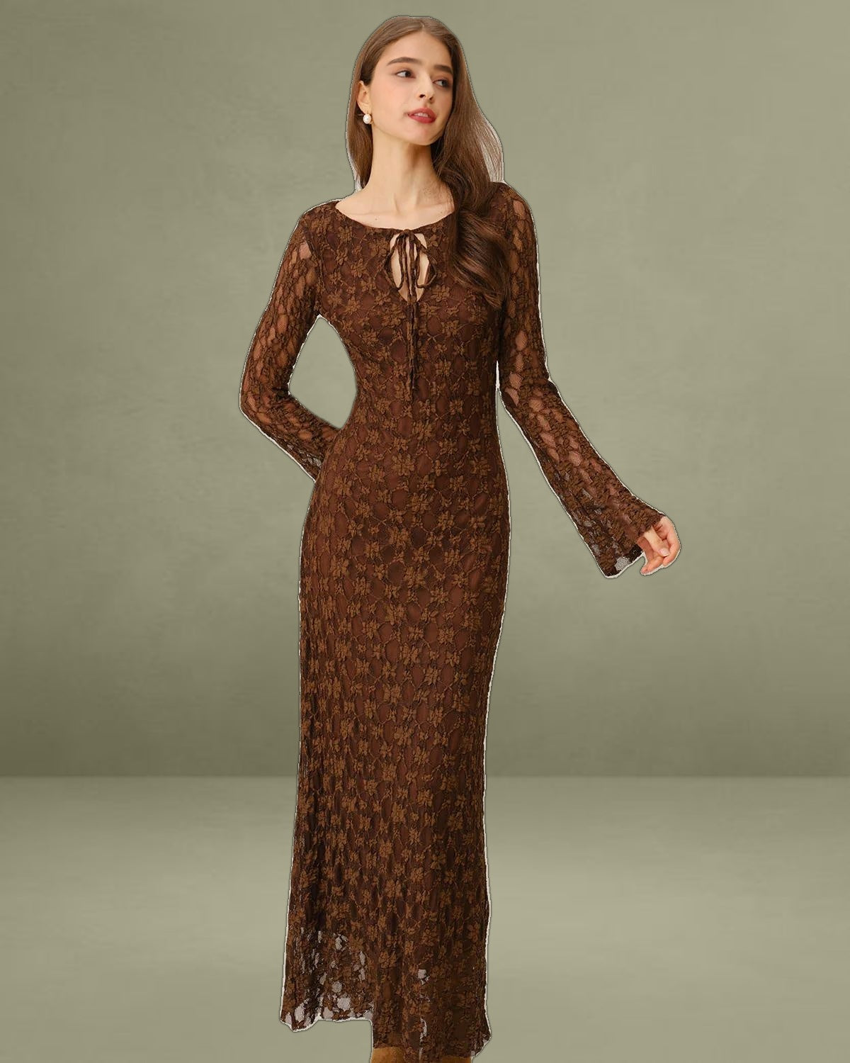 Brown Floral Bell Sleeve Maxi Dress