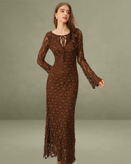 Brown Floral Bell Sleeve Maxi Dress