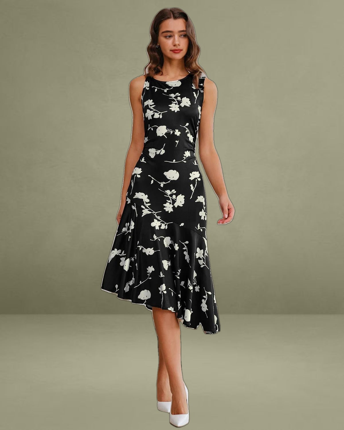 Black Floral Mermaid Sleeveless Midi Dress