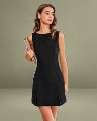 Black Boat Neck Corduroy Sleeveless Mini Dress