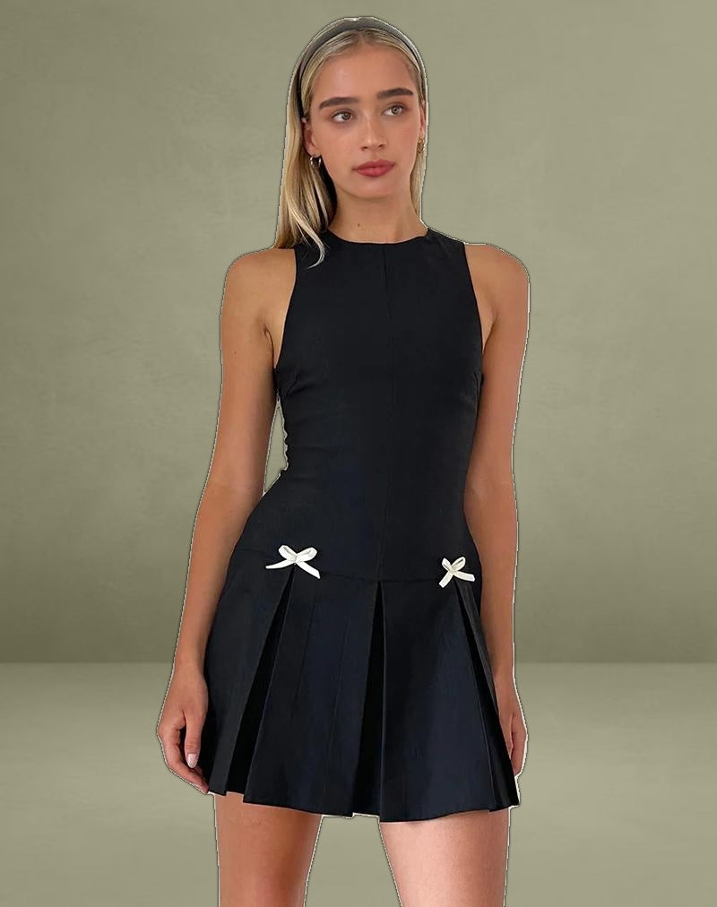 Radeta Mini Dress in Black with Ivory Bows