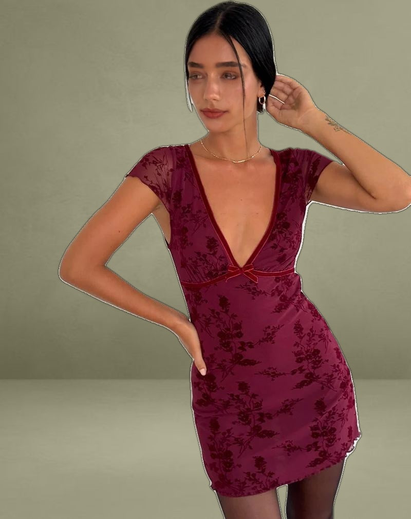 Evilia Dress in Botanical Flower Maroon