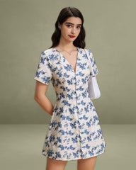 Blue Floral V-Neck Button A-Line Mini Dress
