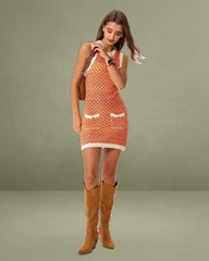 Orange Contrasting Round Neck Sweater Dress