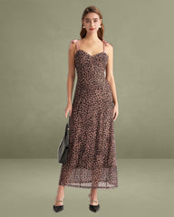 Brown Leopard Sweetheart Neck Slip Maxi Dress
