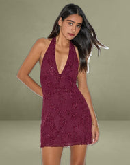 Codami Halterneck Mini Dress in Sequin Knit Burgundy