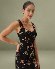Black Floral Shirred Slip Maxi Dress