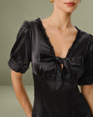 Black V Neck Satin Mini Dress