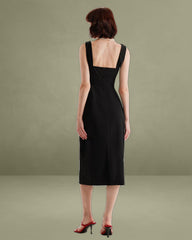 Black Ruffle Ruched Slip Midi Dress