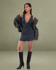 Luscian Plunge Mini Dress in Micro Polka Navy