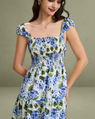 Blue Floral Square Neck Shirred Midi Dress