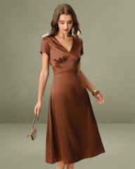 Brown V Neck Cap Sleeve Midi Dress