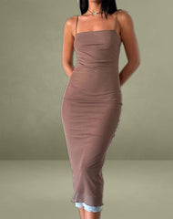 Bisilk Midi Dress in Mesh Brown with Light Blue