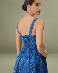 Blue Floral U-Neck Shirred Mini Dress