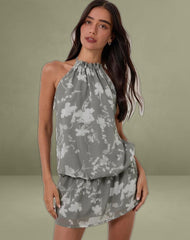 Veloria Mini Dress in Blurred Floral Grey