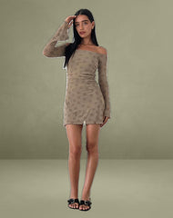 Kausar Off Shoulder Mini Dress in Daisy Flock Light Brown